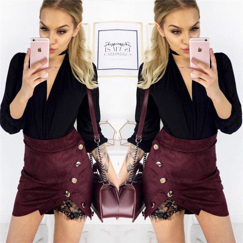 Women Ladies High Waist Pencil Skirts Button Lace Patchwork Sexy Bodycon Suede Leather Split Party Casual Mini Skirt