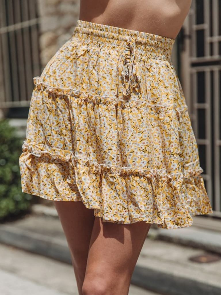 Ladies Skirt Women Summer Boho High Waist Ruffle Floral Print Beach Short Mini Skirts Holiday Party Sundress