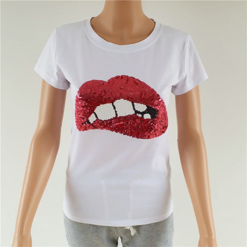 Hot Summer Fashion Red Lips Print Slim T-Shirts Women Girl Casual Short Sleeve T-Shirt Women Clothing