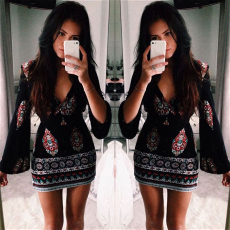 Women Short Summer Dress Casual V Neck Long Sleeve Printed Dress