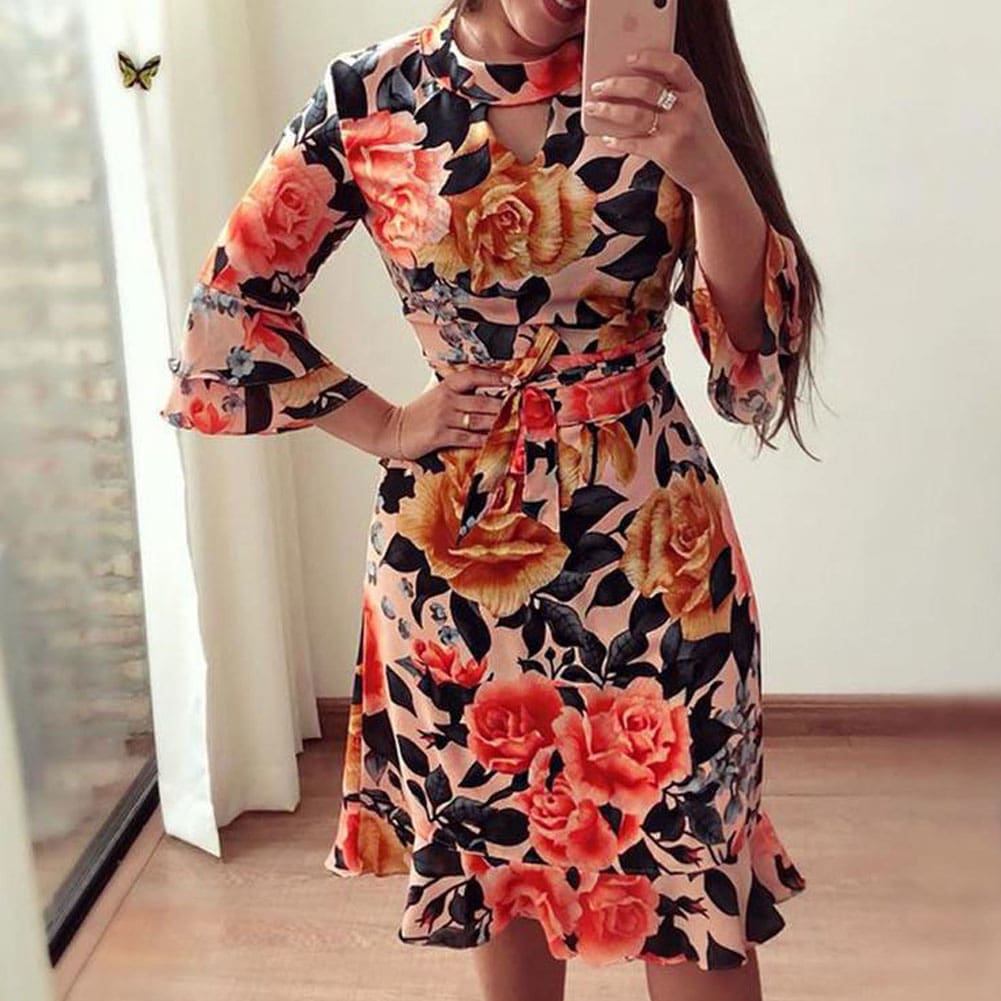 Women Boho 3/4 Sleeve Ruffles Loose Fit Short Party Dress Casual Ladies Holiday Clothing