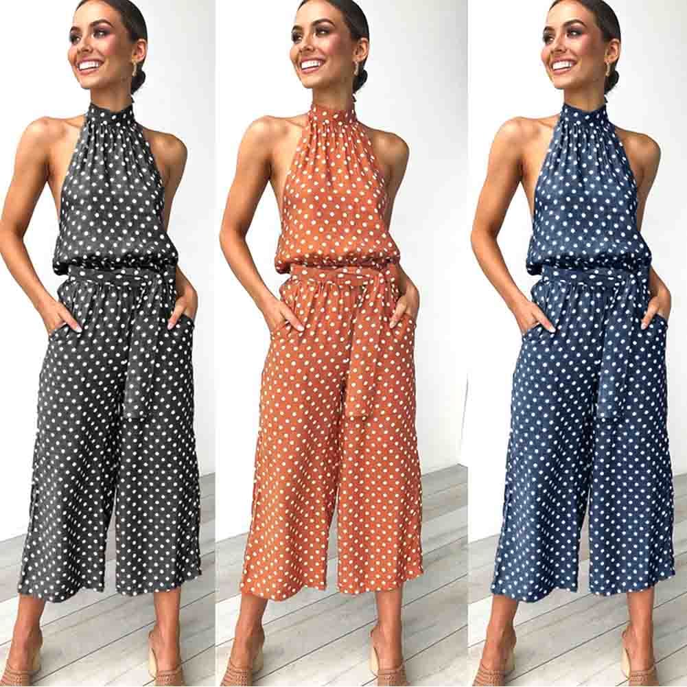 Women Polka Dot Sleeveless Halter Jumpsuit Playsuit Fashion New Ladies Party Summer Loose Wide Leg Romper Trousers