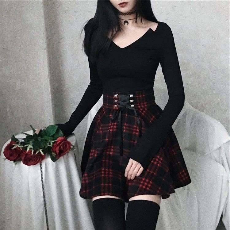 Plaid Pleated Ball Gown High Waist Lace Up Wool Skirt Bottom