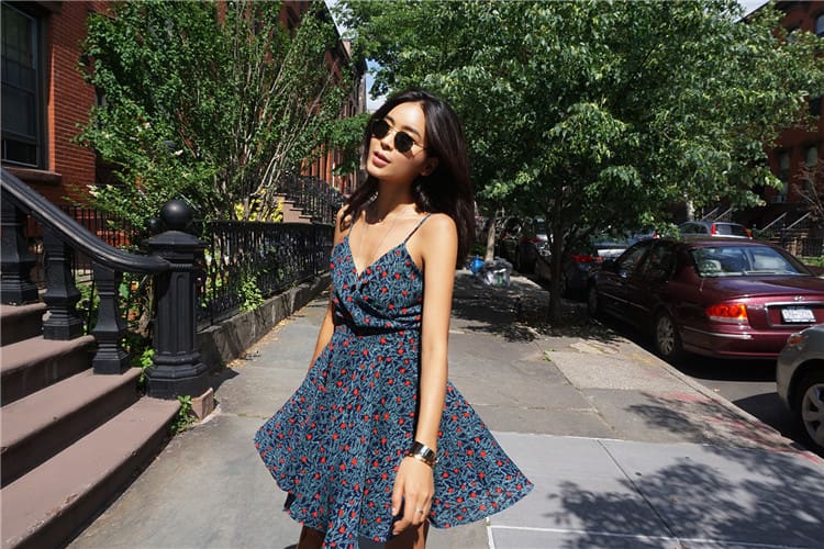 Chiffon V-neck Dress Print Vintage Mini A-Line Slip Strap Dresses