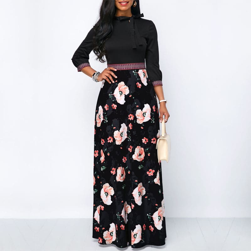 Women Long Maxi Dresses Boho Floral Hollow Neck Three Quarter Sleeve Ethnic Summer Beach Female Stylish Style Dress