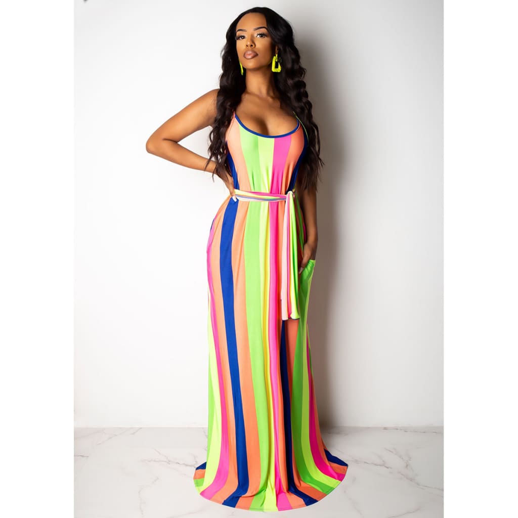 Women Maxi Boho Dress Striped Summer Casual Beach Evening Party Long Sundress Fashion Ladies Sleeveless Dresses