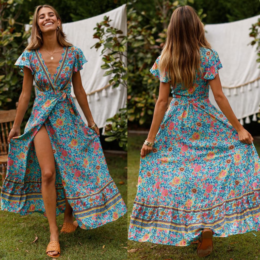 Women High Waist Summer Boho Floral Print Short Sleeve Beach Dress New Fashion Ladies V-Neck Long Dress Sundress