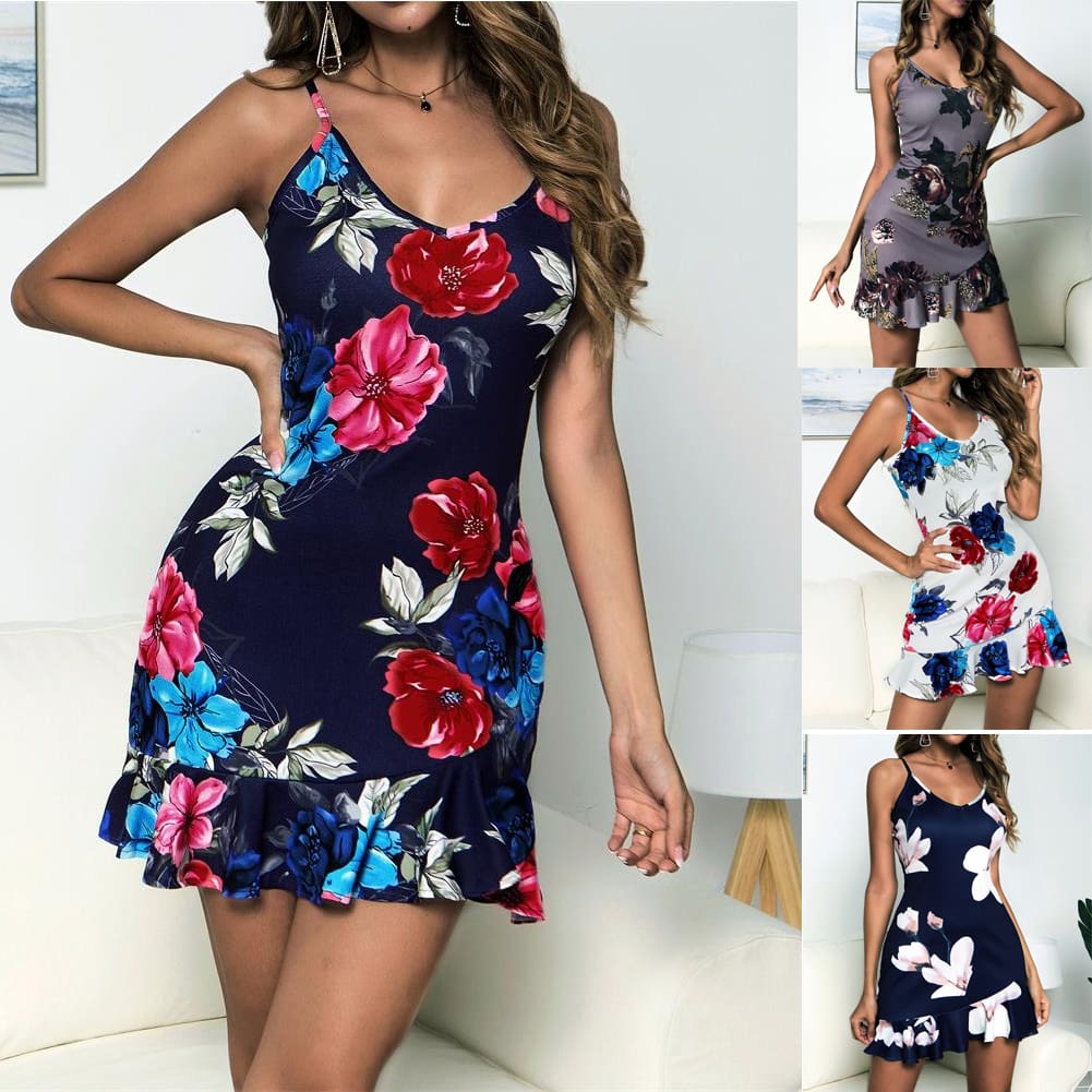 Women Floral Boho Strappy Sleeveless Stretchy Package Hip Bodycon Dress Summer Holiday Beach Mini Short Dress