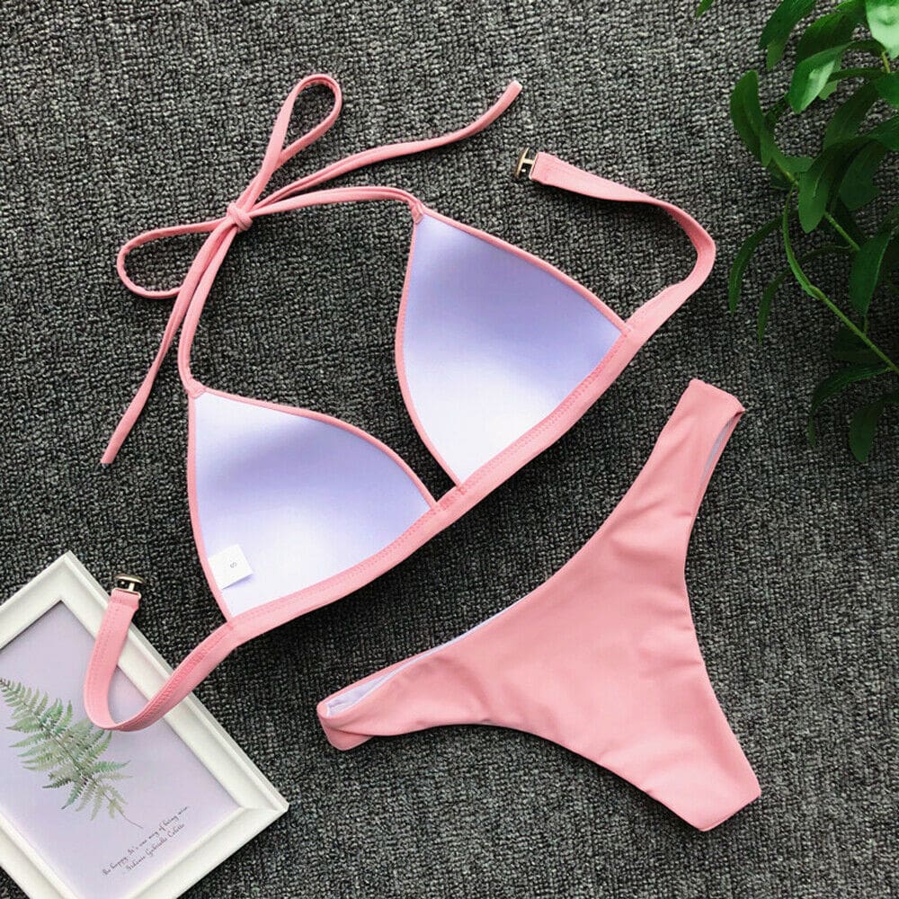 Women Solid Triangle Bikini Sets Padded Bra Tops Thong Bottoms Swimwear