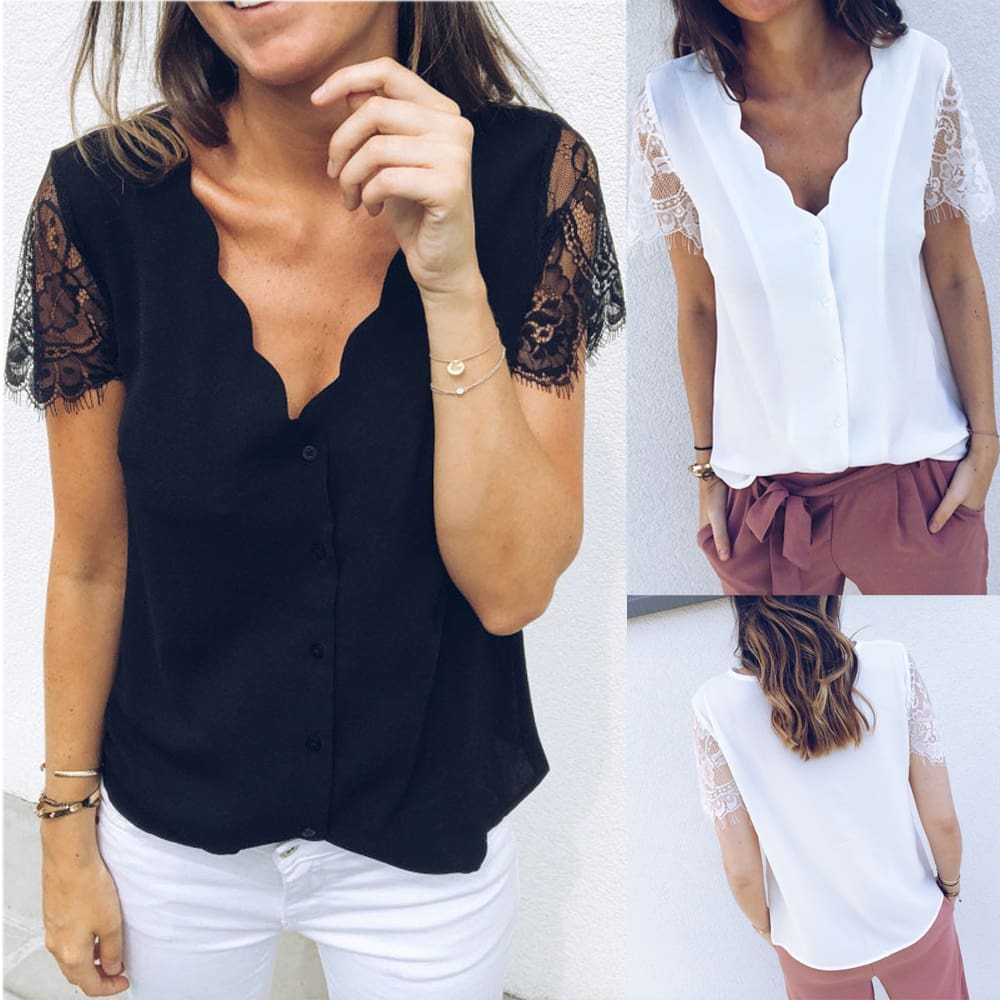 Fashion Women Ladies Short Lace Sleeve V-Neck Chiffon Shirts Summer Beach Solid Casual Party Tops Blouse Hot