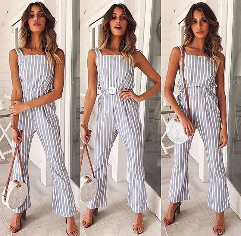 Ladies Women Summer Striped Bodycon Jumpsuit Sleeveless Clubwear Wide Leg Backless Pant Summer Outfits V-neck Long Trousers