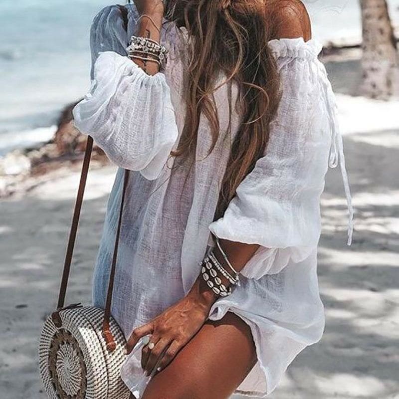 New Women Ladies Boho Summer Sexy Off Shoulder Mini Short Dress Fashion Sexy Beach Solid Casual Loose Dress Sundress