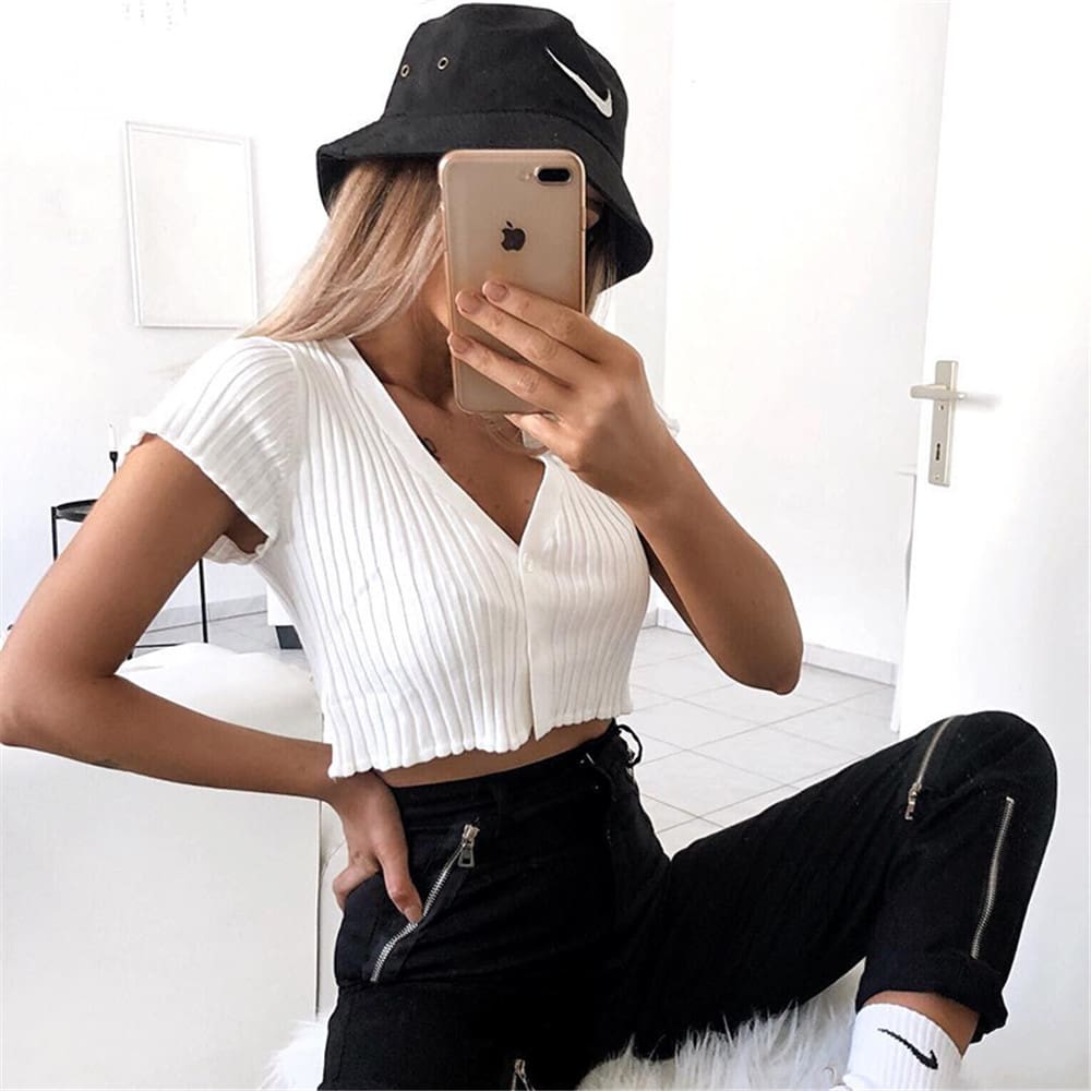 New Women Short Sleeve V-neck Button Tank Tops T-Shirt Ladies Summer Casual Vest Crop Tops Holiday Clothes