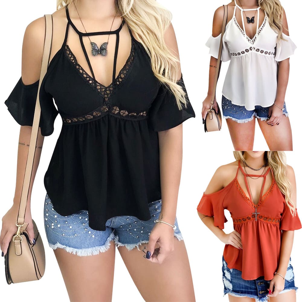 Women Ladies Off Shoulder V-Neck Chiffon Tops Fashion Summer Strappy Blouse Shirt Loose Casual Shirts