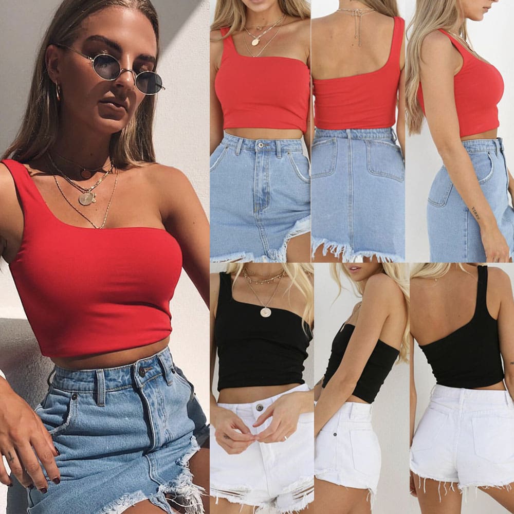 Women Ladies One Shoulder Crop Tops Sleeveless T-Shirt Tank Tops Summer Beach Vest Bare Midriff Summer Fashion Clothes