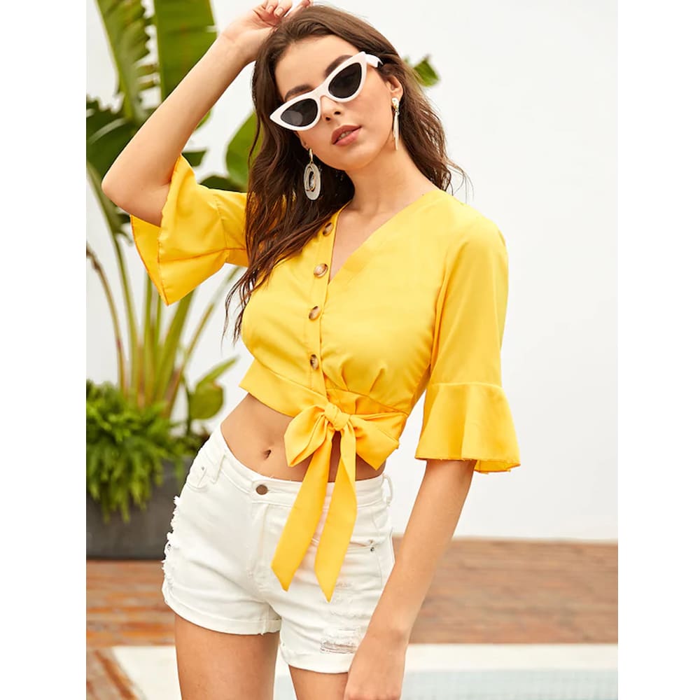 New Womens Chiffon Half Sleeve V-Neck Bandage Shirt Fashion Ladies Summer Casual Solid Blouse Tops Women Clothes