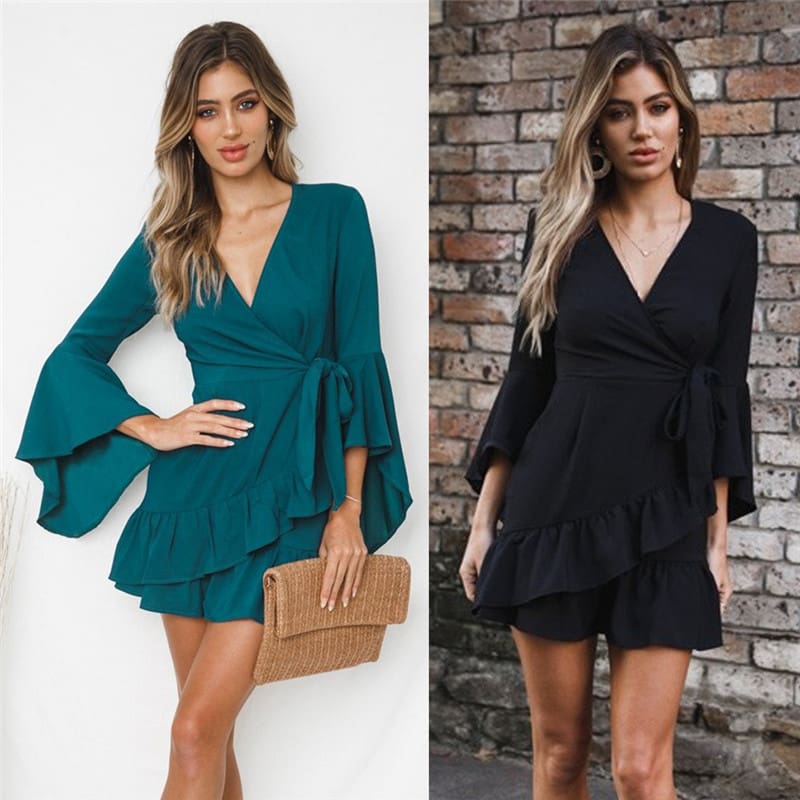 Women Sexy V-Neck High Waist Wrap Mini Dress Ladies Summer Beach Floral Ruffle Dress Sundress