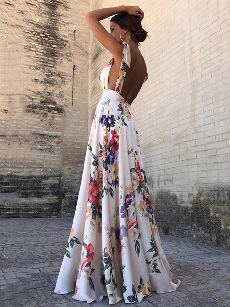 Fashion Floral Dress Women Summer Sleeveless V-Neck Backless Vintage Long Boho Party Casual Loose Beach Sundress