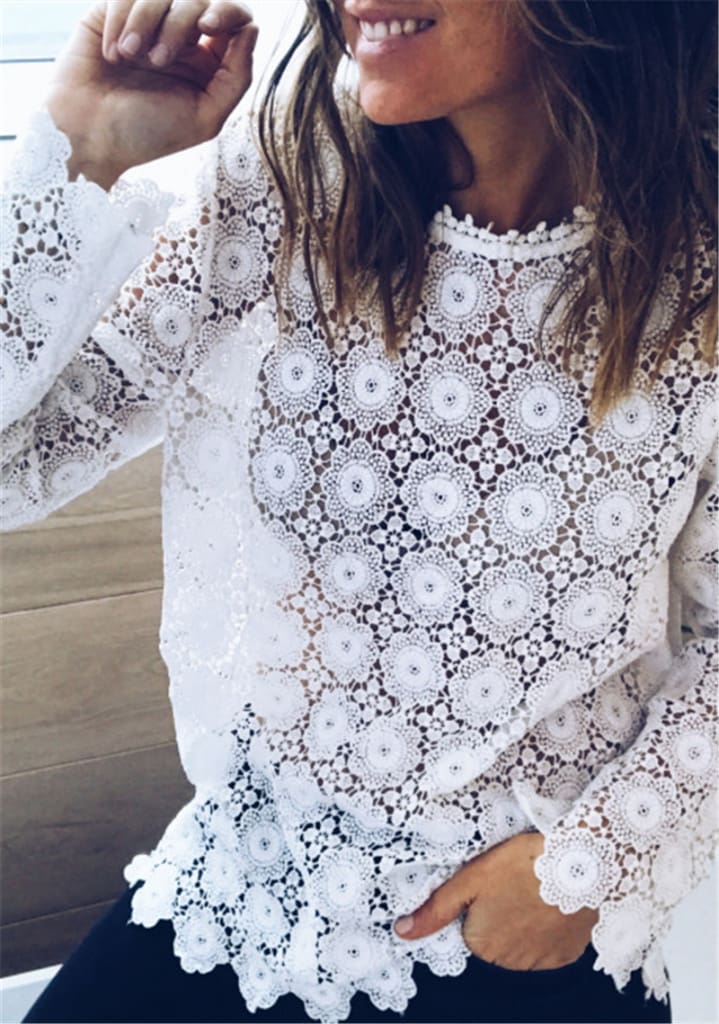 Fashion Women Boho Beach Holiday Summer Loose Casual Chiffon Lace Floral Embroider White Tops Femme Ladies Mesh Shirt