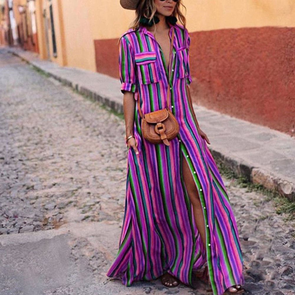 Womens Boho Beach Summer Holiday Maxi Dress Elegant Ladies Holiday Party Colours Rainbow Striped Sundress Streetwear Plus Size