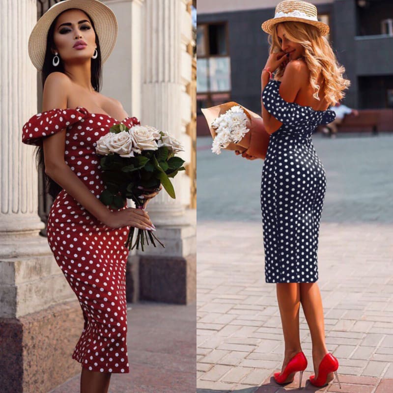 New Women Summer Boho Polka Dot Dress Ladies Casual Bodycon Off Shoulder Party Evening Beach Pencil Sundress