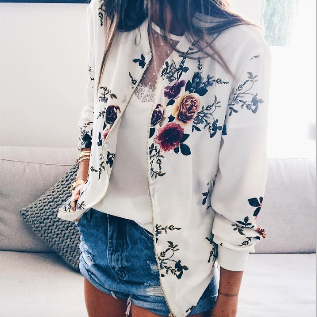 Women Jacket Lady Bomber Floral Print Street Outwears Polyester