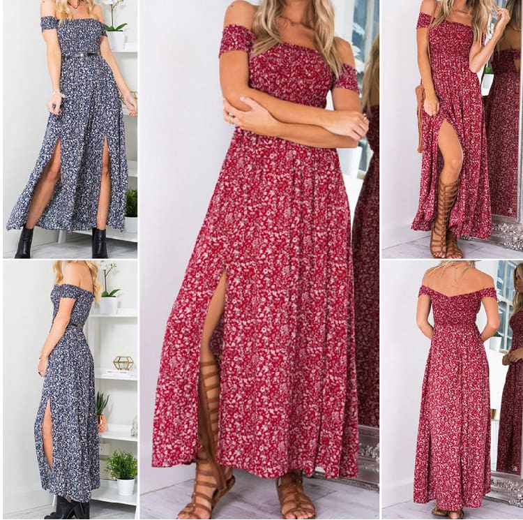 New Fashion Women Boho Off shoulder High Waist Short Sleeve Maxi Dress Ladeis Summer Floral Beach Casual Long Sundress