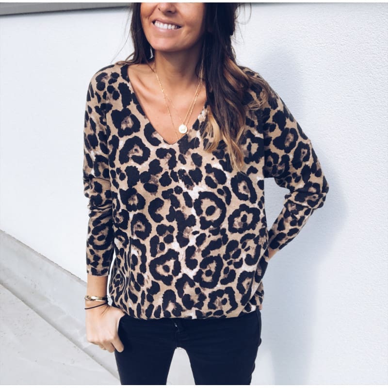 Fashion Women Autumn V neck Tops Ladies Leopard Loose Tee Shirt Femme Long Sleeve Casual T-Shirt Streetwear