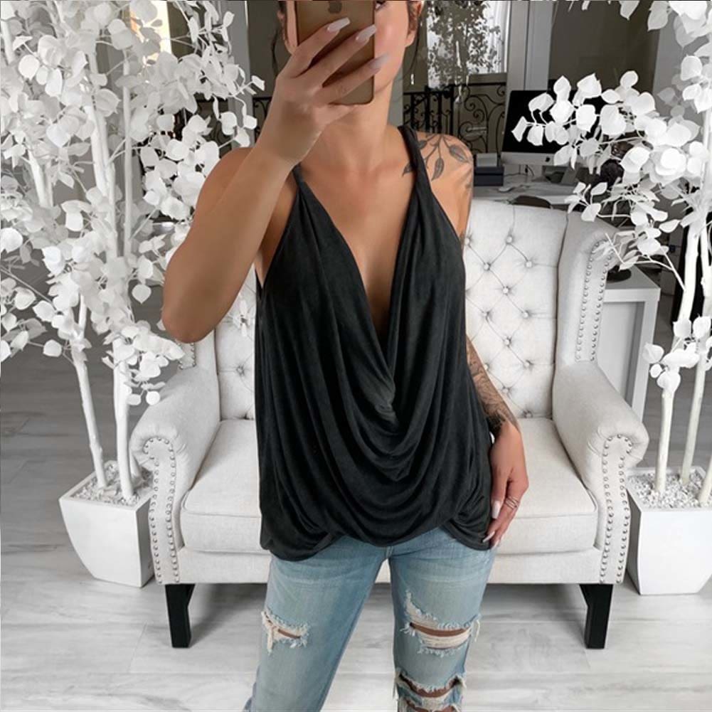 New Women Casual Strap Sheer Sleeveless Solid Tank Top Summer Ladies V-neck Loose Camisole Crop Tank Tops Vest Shirt