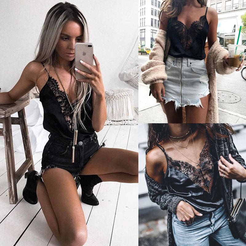 Fashion Lace Camis Women Sexy Spaghetti Strap Lace Stain Vest Tops Black Shirts Camisole New Inner Shirt Patchwork Tees