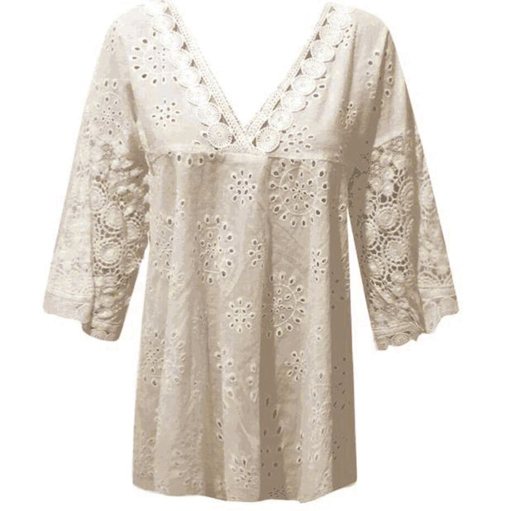 Women Blouse V-Neck Long Sleeve Embroidery Cotton Shirt Summer Holiday Ladies Casual Loose Solid Top Outwear