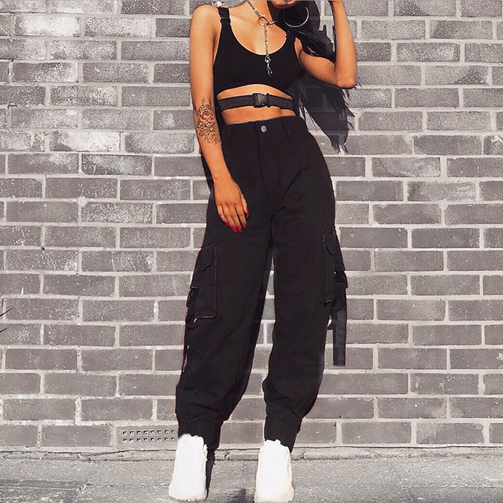 Women Loose Causal Trousers Costume High Waist Chain Combat Cargo High Waist Harem Hip Hop Outdoor Military Pocket Pants