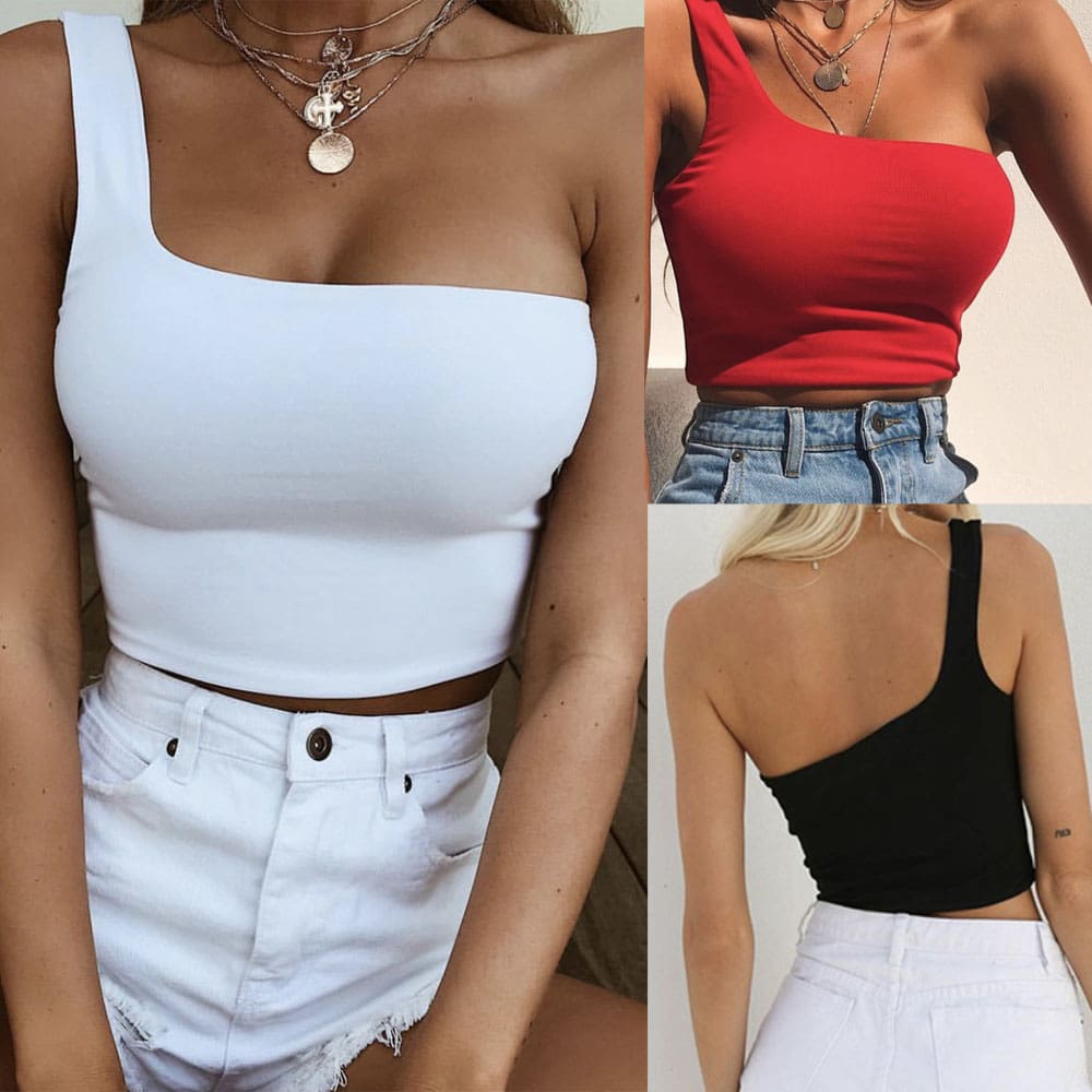 Women Ladies One Shoulder Crop Tops Sleeveless T-Shirt Tank Tops Summer Beach Vest Bare Midriff Summer Fashion Clothes