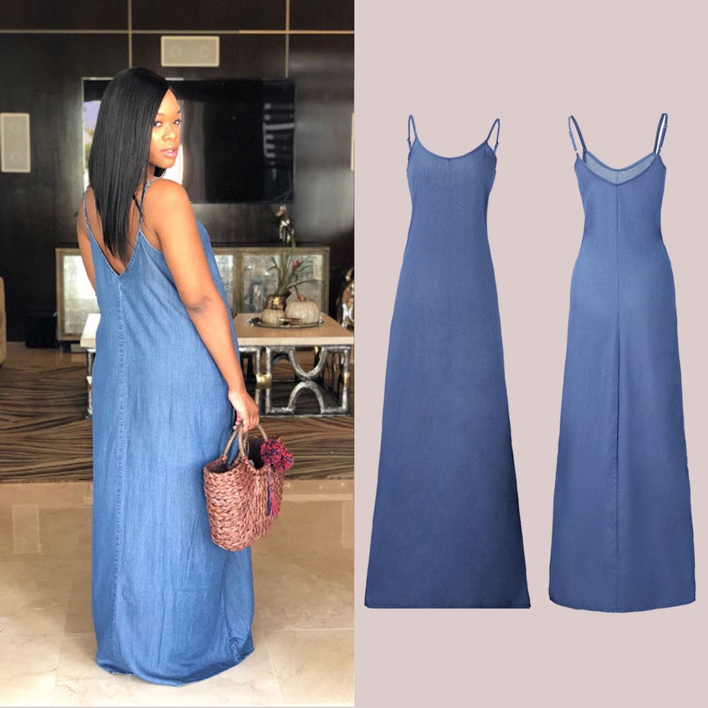 Ladies Boho Backless Summer Long Denim Maxi Dress