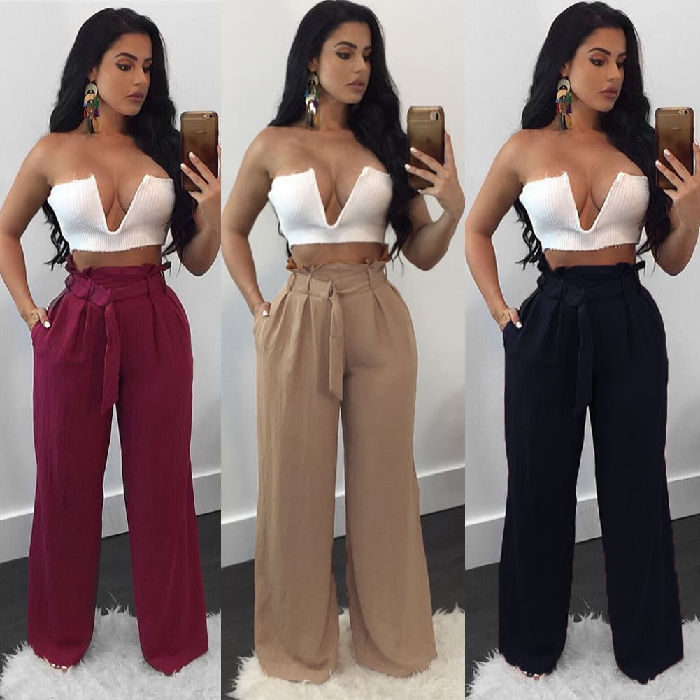 Fashion Women High Waist Ruffles OL Ladies Trouser Denim Look Wide Leg Drawstring Elastic Long Loose Casual Pants