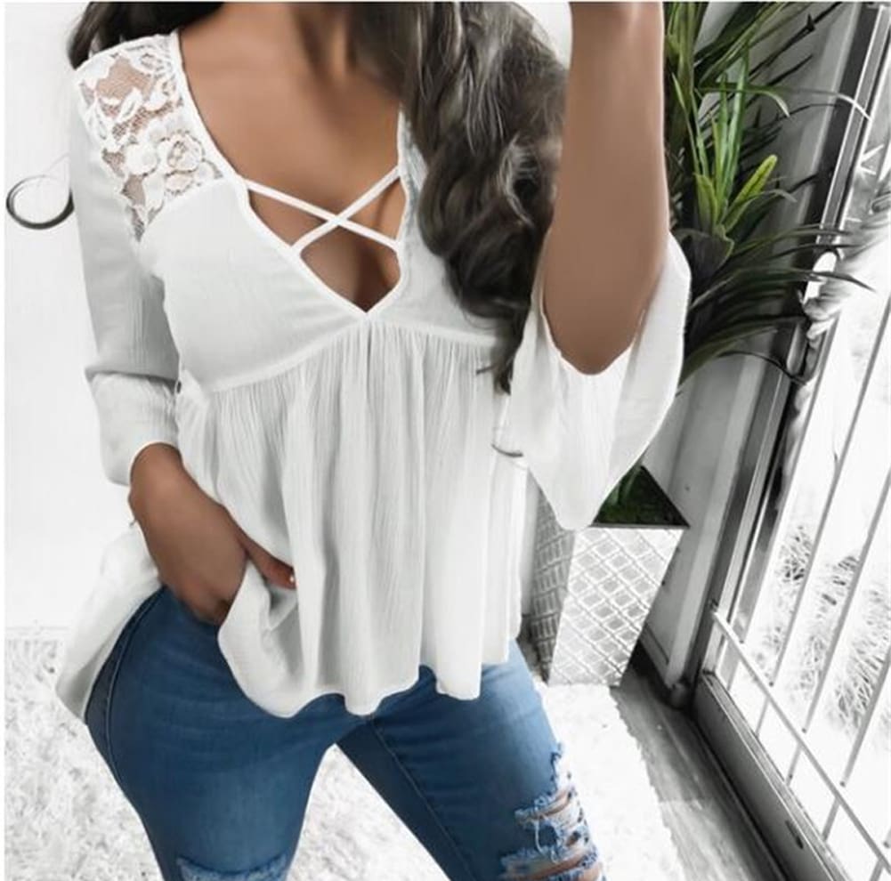 Women Ladies Summer Half Sleeve V-Neck Shirt Fashion Loose Casual Solid Blouse Holiday Beach Tops Shirts