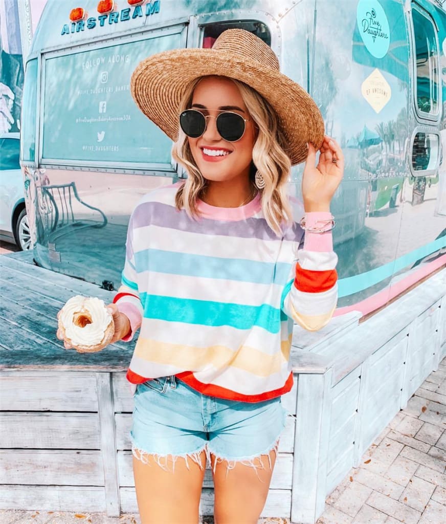 New Fashion Women Pre-fall Long Sleeve Crew Neck Rainbow Striped Shirt Casual Ladies Loose Tops T-Shirt Women Clothes