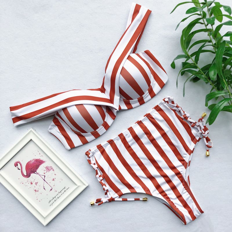 Two Pieces Women V Neck Sexy Striped High Waist Striped Swimwear Brazilian Bikini Set