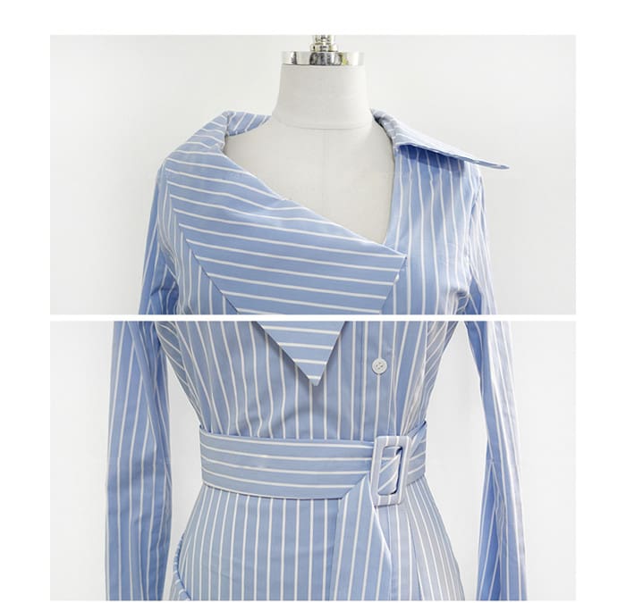 Lady Elegant Striped Short Dress Long Sleeve Pencil Dress