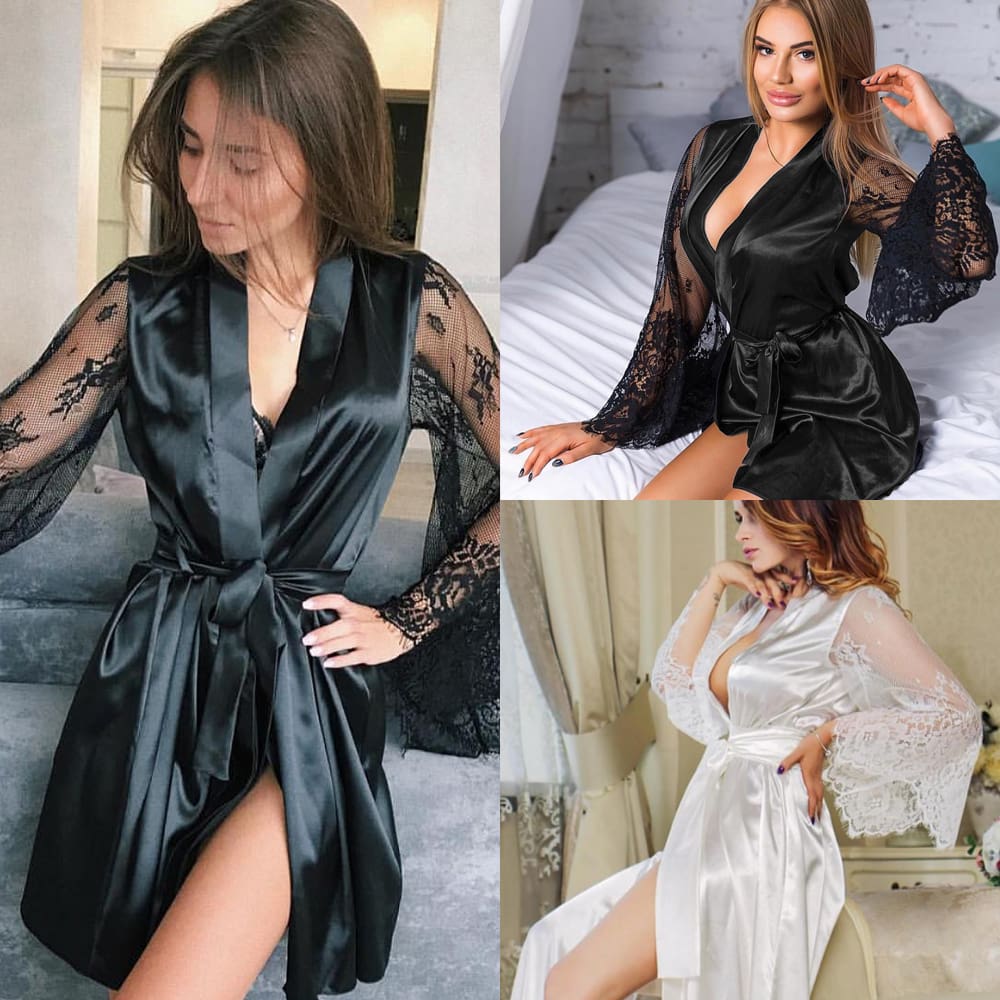 Women Sexy Lingerie Long Sleeve Perspective Lace Flower Bathrobe Solid Deep V Bandgae Silk Robe Lady Nightgown