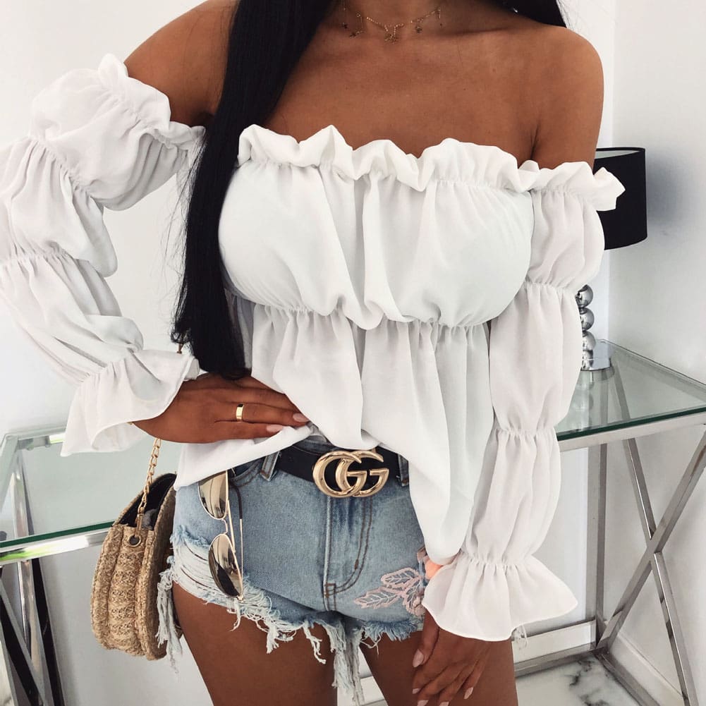 New Women Loose Off Shoulder Long Sleeve Casual Shirt Tops Fashion Ladies Summer T-shirt Clothing Beach Holiday Streetwear