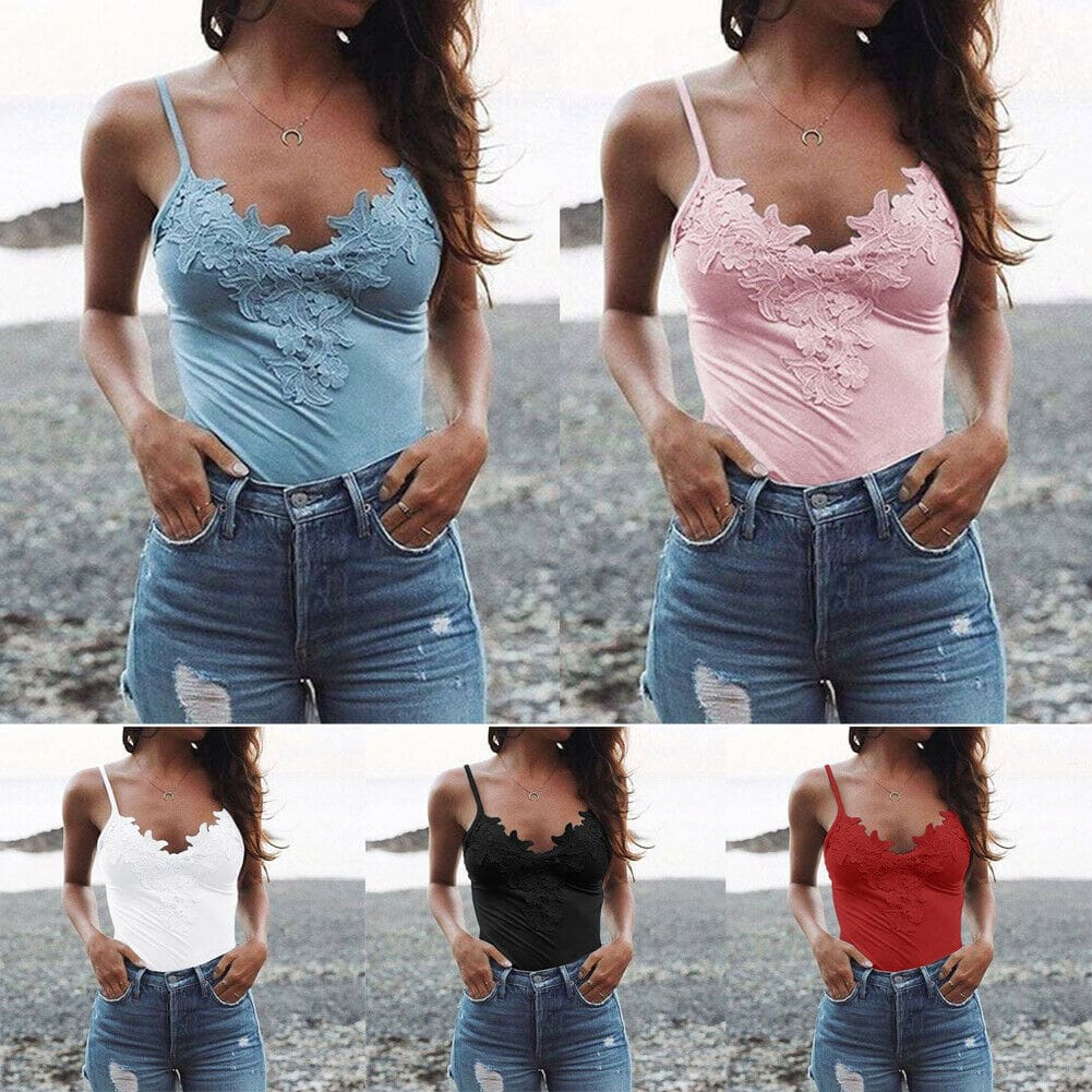 Women Ladies Summer Lace Vest Tops Fashion Sleeveless V-Neck Solid Casual Blouse Holiday Beach Outdoor Tank Tops