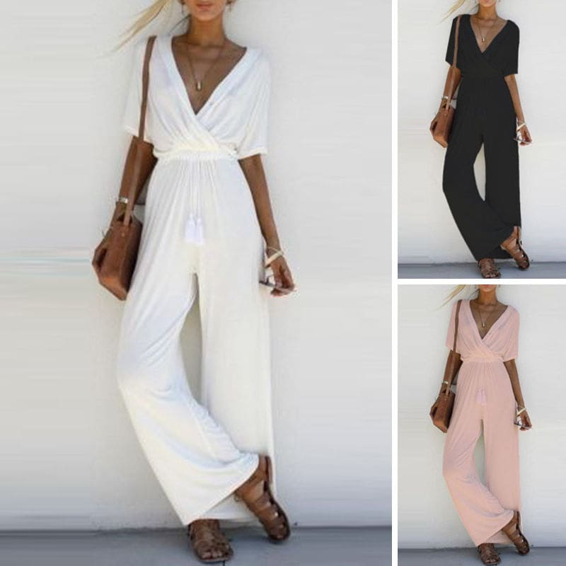 New Fashion Summer Casual Women V Neck Loose Playsuit Party Ladies Romper Solid Short Sleeve V Neck Long Jumpsuit