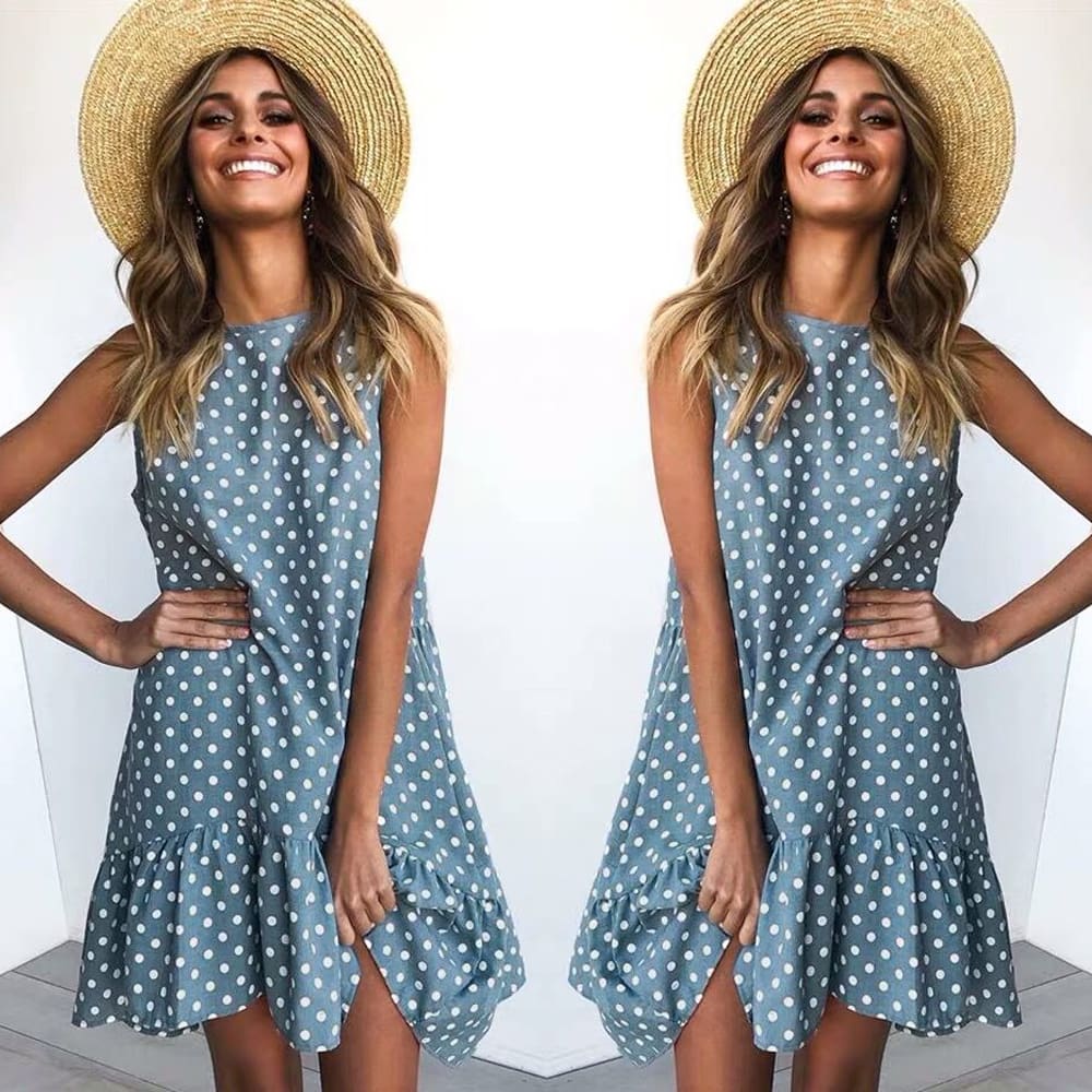 Polka Dot Boho Mini Dress Ladies Summer Beach Holiday Casual Loose Sundress