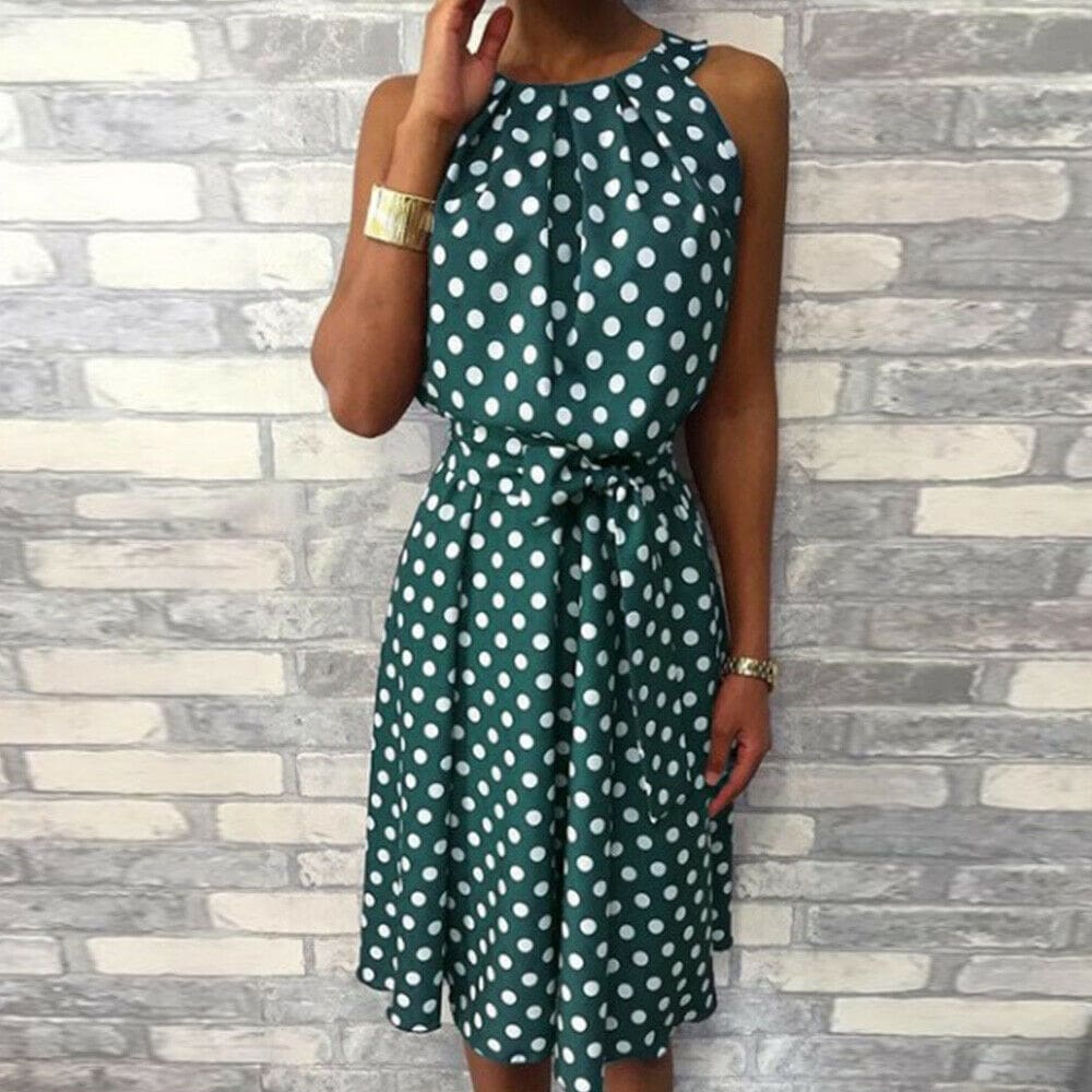 Women Sleeveless Polka Dot Midi Dress 2019 Fashion Ladies Summer Beach Casual Bandage Belt Dress Sundress