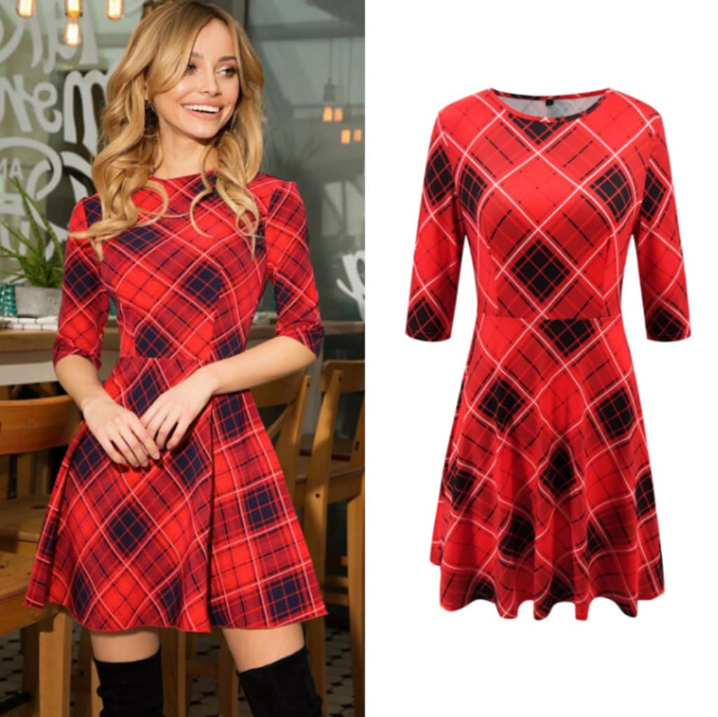 Summer Women Boho Plaid Check Midi Dress Ladies Elegant Formal Party Beach Wrap Casual Bodycon Round Neck Dress