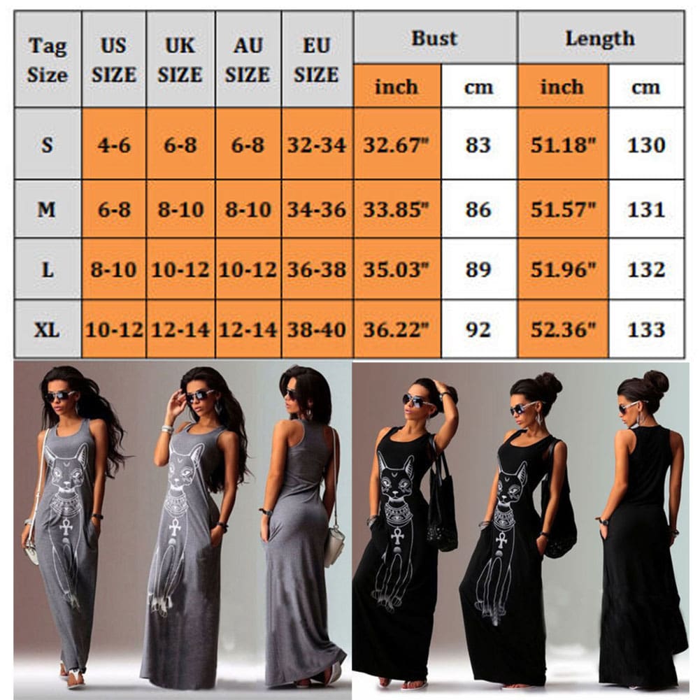 New Women Summer Long Dress Casual Sleeveless Bodycon Cat Print Party Beach Dress Long Loose Dress