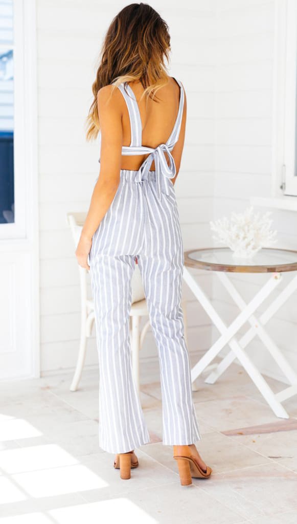 Ladies Women Summer Striped Bodycon Jumpsuit Sleeveless Clubwear Wide Leg Backless Pant Summer Outfits V-neck Long Trousers