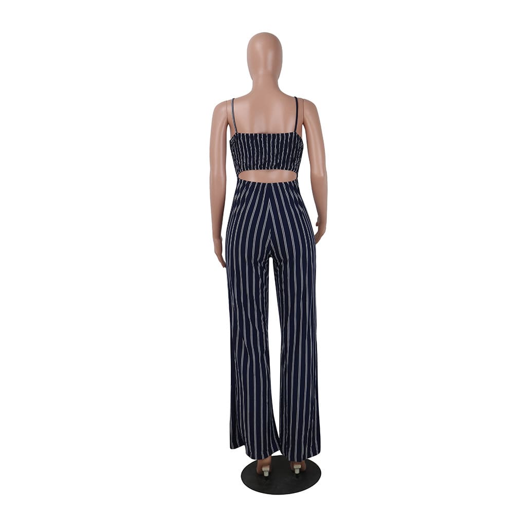 Summer Hot Bodycon Backless Stripe Jumpsuits Women Party Clubwear Jumpsuits Casual Bowtie Overalls Long Pant Trousers