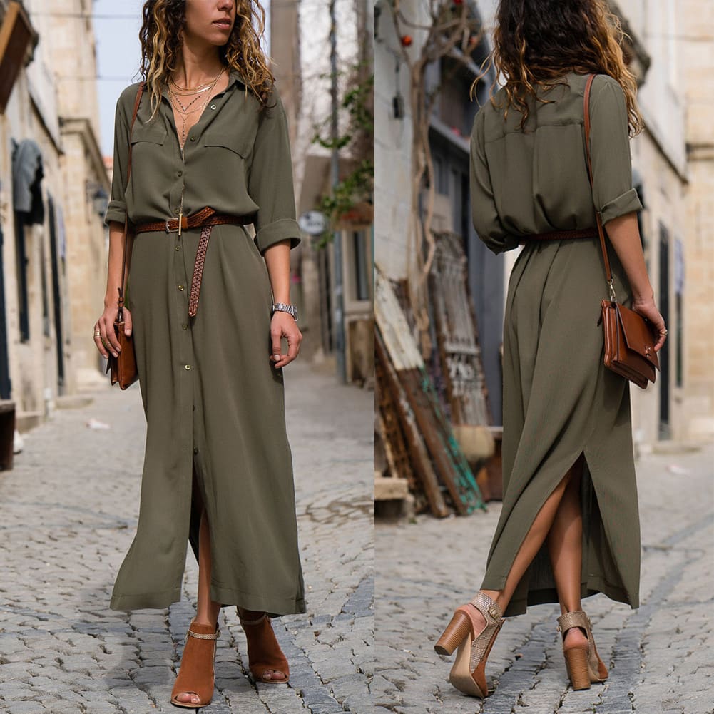 Elegant Women Sexy V Collar Long Maxi Dress OL Ladies Casual Long Sleeve Solid Holiday Summer Beach Sundress